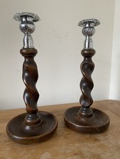 Vintage Antique Pair of Oak Barley Twist turned Wooden Candlesticks Silver Plate