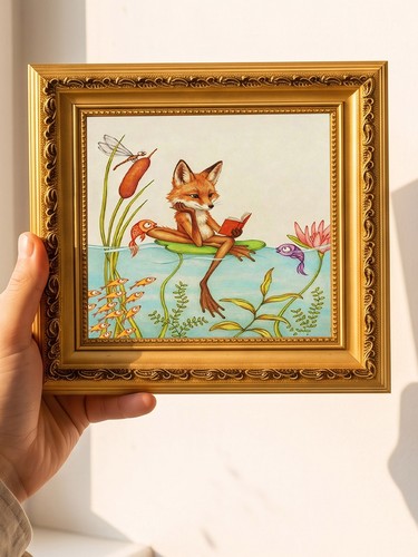 Fox frog reading lotus - reading, oil