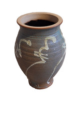Studio Pottery Vase Marked M, Brown with Blue Drip Glaze, 13cm