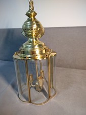 Vintage Art Deco Brass & Glass Hall Lantern Pendant Foyer Hanging Light Lamp