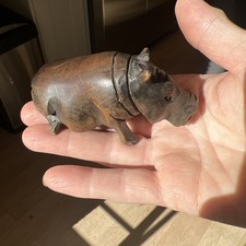 Hand Carved Wooden Hippo Figure Solid Wood Ornament Small