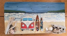 NEW! WOODEN WALL HANGING WITH RED CAMPER/SURFBOARD ON BEACH  9.5"X5.5"