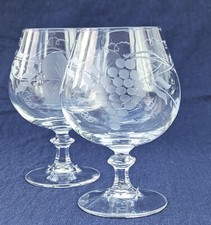 Gorgeous Pair Grape & Vine Decorated Crystal Glass Whisky Brandy Snifters - 12cm
