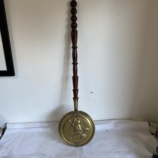 Vintage Brass Embossed Bed Warmer With Turned Wooden Handle 