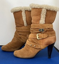Mulberry tan Suede Women’s Boots With gold Buckles Size UK 3 sheepskin reheeled