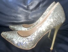 LADIES SIZE UK 5 GOLD GLITTER STILETTO HEELS MINIMAL WEAR BEBO 4.5 INCH HEEL