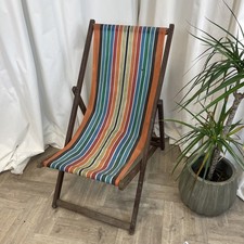 Vintage Wooden Deck Chair Fold Flat Beach Garden Allotment Traditional Striped