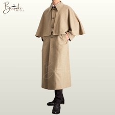Beige Wool Inverness Cape Coat for Men Victorian Garrick Coachman Style