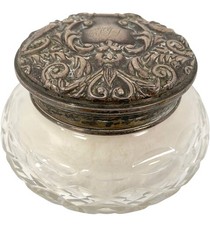 Vintage Ornate Glass and Silver Lidded Vanity Powder Jar Collectable