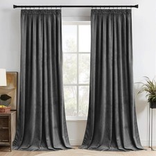 PONY DANCE Grey Velvet Blackout Pencil Pleat Curtains - Thermal Insulated Luxur