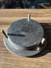 Vintage Coaster Set Silver Plated Set of 3  Coasters Tarnished With Stand Rare 