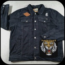 Duke Jeans Crafted Denim Mens Roaring Tiger Embroidered Jacket L Large Black