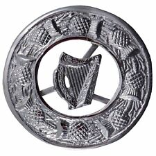 Scottish Irish Harp kilt Fly Plaid Brooch Chrome Finish, Thistle Rolling Pattern