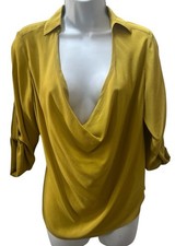 Eileen Fisher Georgette Crepe Silk Blouse PP Roll Tab Sleeves Plunge Neckline