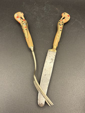 Vintage Table Knife & Fork Totem Folk Art Bird Figures 8" Inlayed Pair