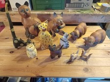 Collection Of Hand Carved Cat Figures Wooden Ornaments Different Sizes  Free P&P
