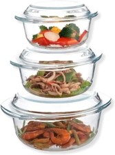 3 Glass Round Casserole Oven Dishes with Lid, Borosilicate Glass, Freezer & Micr