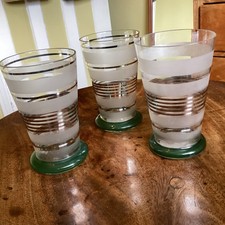 Art Deco 3 x Art Deco Glass Tumblers Frosted Green Silver Stripe Vintage