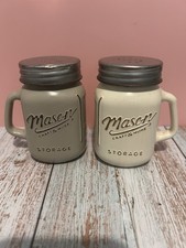 MASON JAR OFF WHITE & GREY SALT & PEPPER POTS WITH LIDS AND HANDLES
