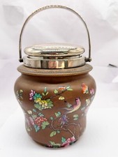 ANTIQUE CARLTON WARE RED CLAY  BIRD FLOWERS SILVER PLATE BISCUIT TOBACCO JAR