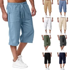 Mens 3/4 Length Linen Shorts Elastic Waist Drawstring Casual Cropped Capri Pants