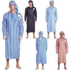 UK Mens Striped Sleep Shirt Round Neck Button Up Henry Nightshirt Sleeping Hat
