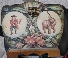 Vintage Monkey Elephant and Floral Hinged Wood Storage Box Trinket 10 Inches