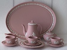 13pcs Wedgwood Cream on Pink Lavender Jasperware Miniature Coffee Set on Tray
