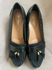 TU LADIES BLACK  FLAT CROC LEATHER SLIP ON SHOES TASSLE DETAIL UK 5