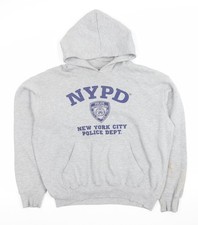 NYPD Men Grey Pullover Hoodie L Graphic Print Fleece Sweatshirt