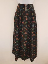 Vintage Skirt Black Floral Cotton Blend Pockets Size 14 Sunflower Heart Button F