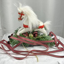 Vintage Large Wooden Rocking Horse Christmas Ornament Hanging By Ribbons 6"