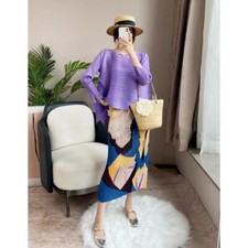 Pleats Please Issey Style Pleated Top, Uneven Length Round Neck Pleated Blouse