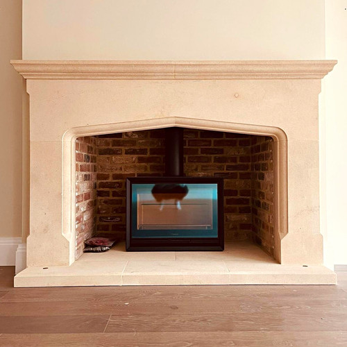 Beige stone fireplace surround - beige,