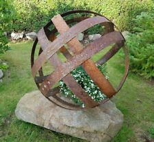 Double Banded Garden Metal Sphere Sculpture Reclaimed Whisky barrel hoop band