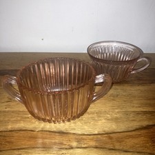 Vintage Queen Mary Vertical Ribbed Sugar Bowl and Cup Pink Depression Glass