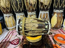 Premium Butterfly Brass Inlay Carved Dholak | Handcrafted Indian Folk Drum