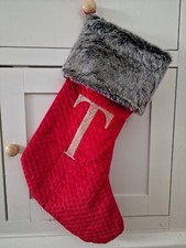 Matalan Red Christmas Stocking With Fur Trim Letter Initial T