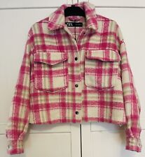 Women’s Zara Shacket Size S Pink Checked Cropped OverShirt Short Jacket Warm