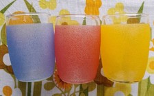 Three Vintage Sugar Frosted Drinking Glasses.  Small Tumblers Red Yellow Blue