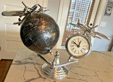 VTG RARE DOUBLE Airplane World Map Globe Silver & Black LG 15"X22" DESK ~CLOCK!!
