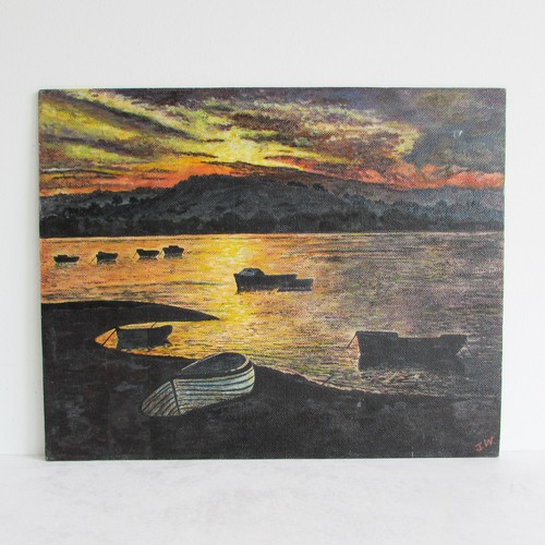 Signed oil painting sunset - painting,