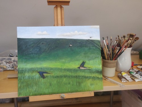 Swallows flying original oil - -,