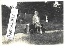 Vintage Old Family Photograph Boy With Metal Toy Pedal Car In Garden 1920's