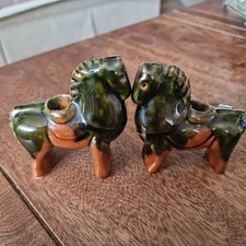 2x RARE Vtg Miniture Majolica Terracotta Horse Candlestick Holder pair Glazed