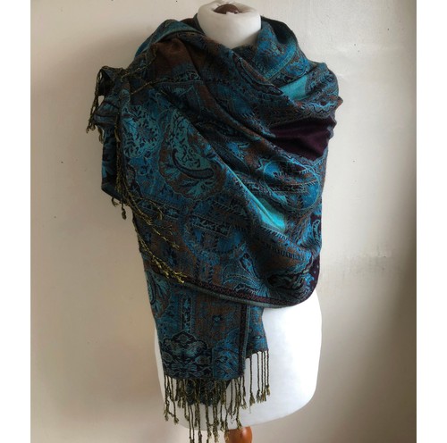 Wide blue boho scarf fringed - wide,