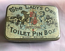 Antique Metal Tin Sewing Pins "The Lady’s Own Toilet Pin Box" Short Whites