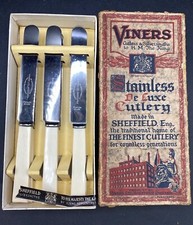 KNIVES Viners 6 Piece Cutlery Set Original Box Faux Bone 1930's Stainless DeLuxe