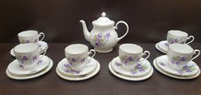 6x person tea set with violets large teapot cups trio