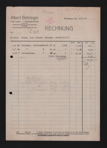 Reutlingen invoice 1947 - reutlingen,,